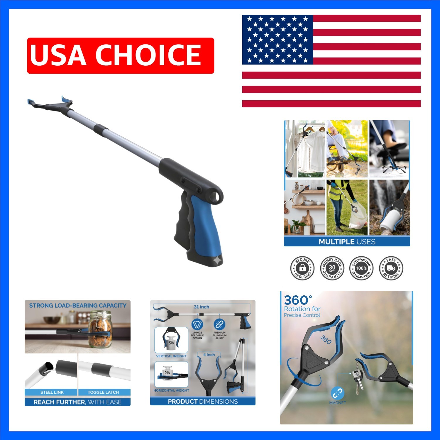 2024 Upgrade PowerGrip T9, Grabber Reacher Tool, Wide Jaw, Foldable, Steel Ca...