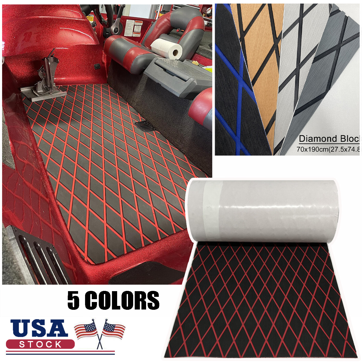Diamond EVA Foam Boat Decking Marine Boat Flooring Carpet 27"x74" Gray Black Red