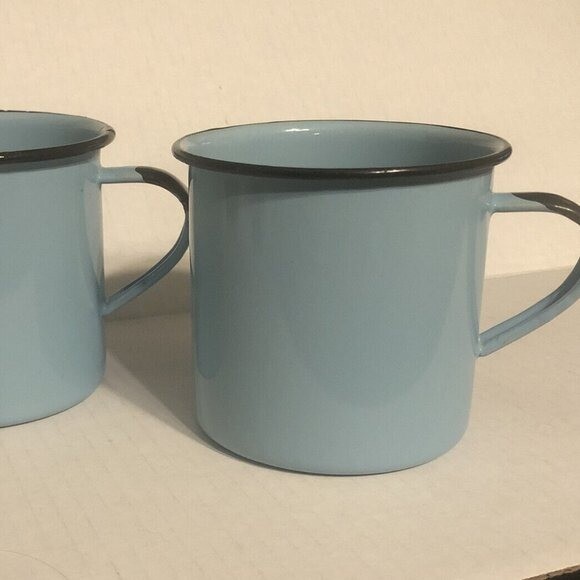 Set 2 Coffee Cups Mugs Enamelware Metal 3.75” Light Blue Rustic Farmhouse Tin