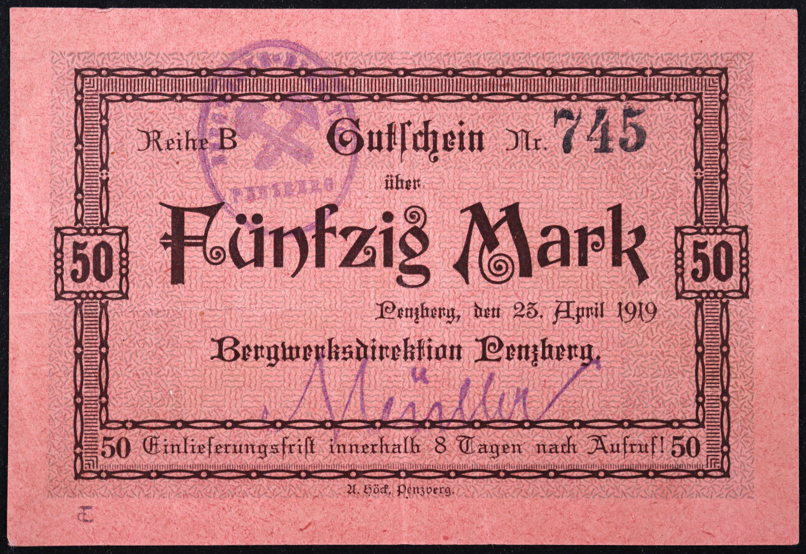 PENZBERG 1919 "Bergwerksdirektion" Rare 50 Mark Reihe B w/sig Grossnotgeld