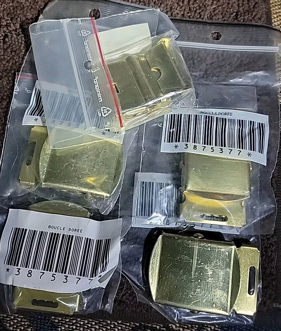 Lot of 5 NOS 1.25" French Military Brass Belt Roller Buckles. New With Plastic