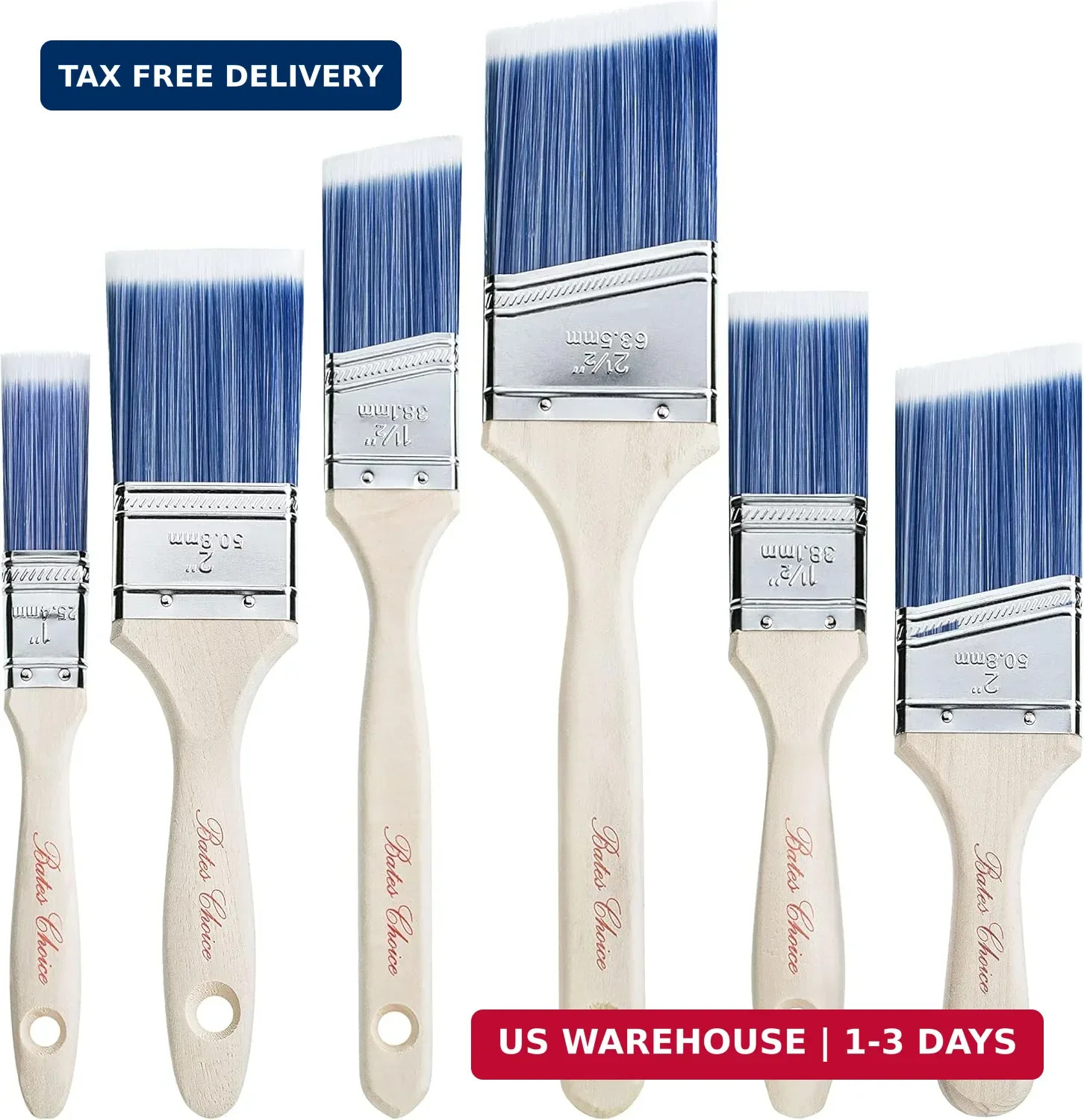 Bates- Paint Brushes, 6 Pack, Treated Wood Handle, Paint Brushes for Walls, Stai