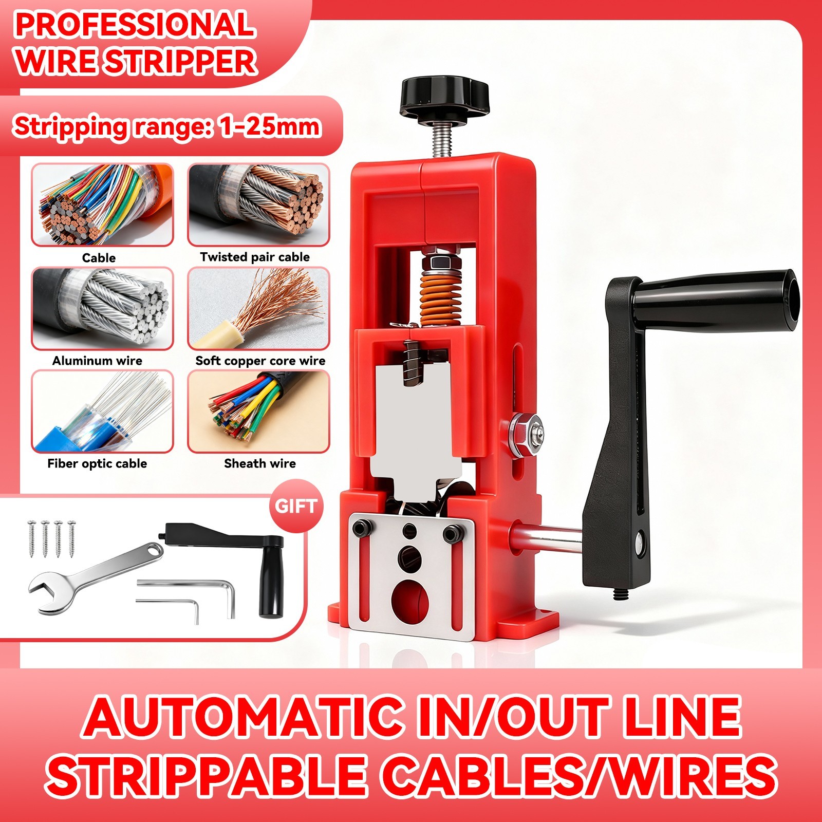 Wire Stripper Machine Hand Crank & Drill Driven Scrap Cable Peeler Tool 14AWG-1"