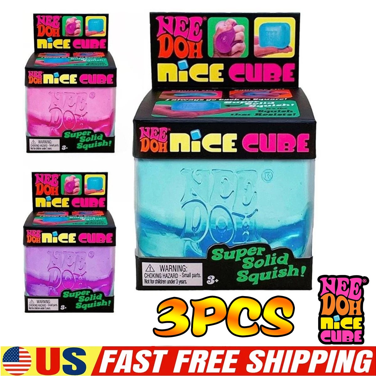 Nee Doh Nice Cube Super Solid Squish! - Lot of 3 - Blue Purple Pink - Brand New!