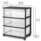 3 Drawer Wide Cart with Wheels Black Plastic