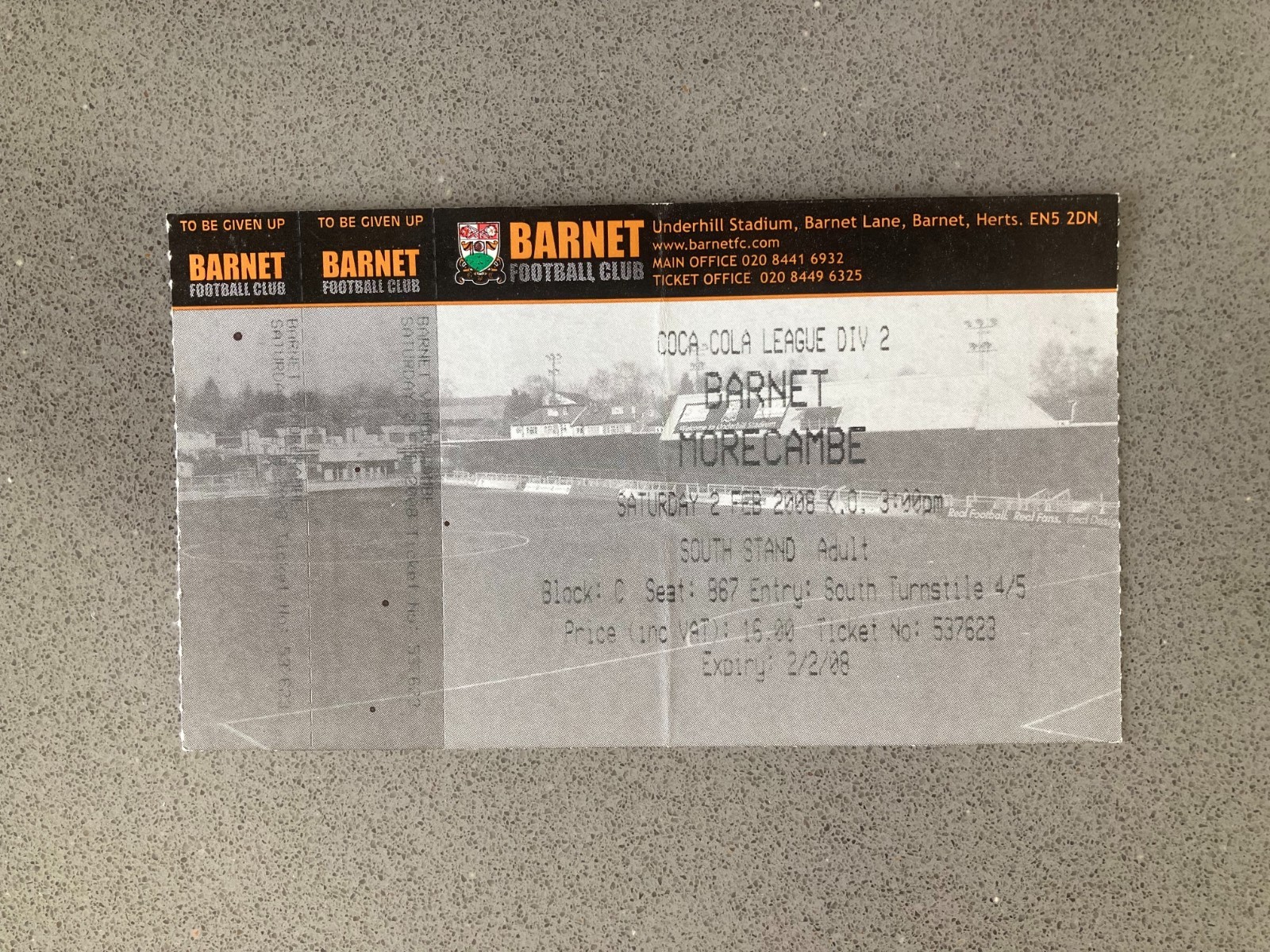Barnet v Morecambe 2007-08 Match Ticket