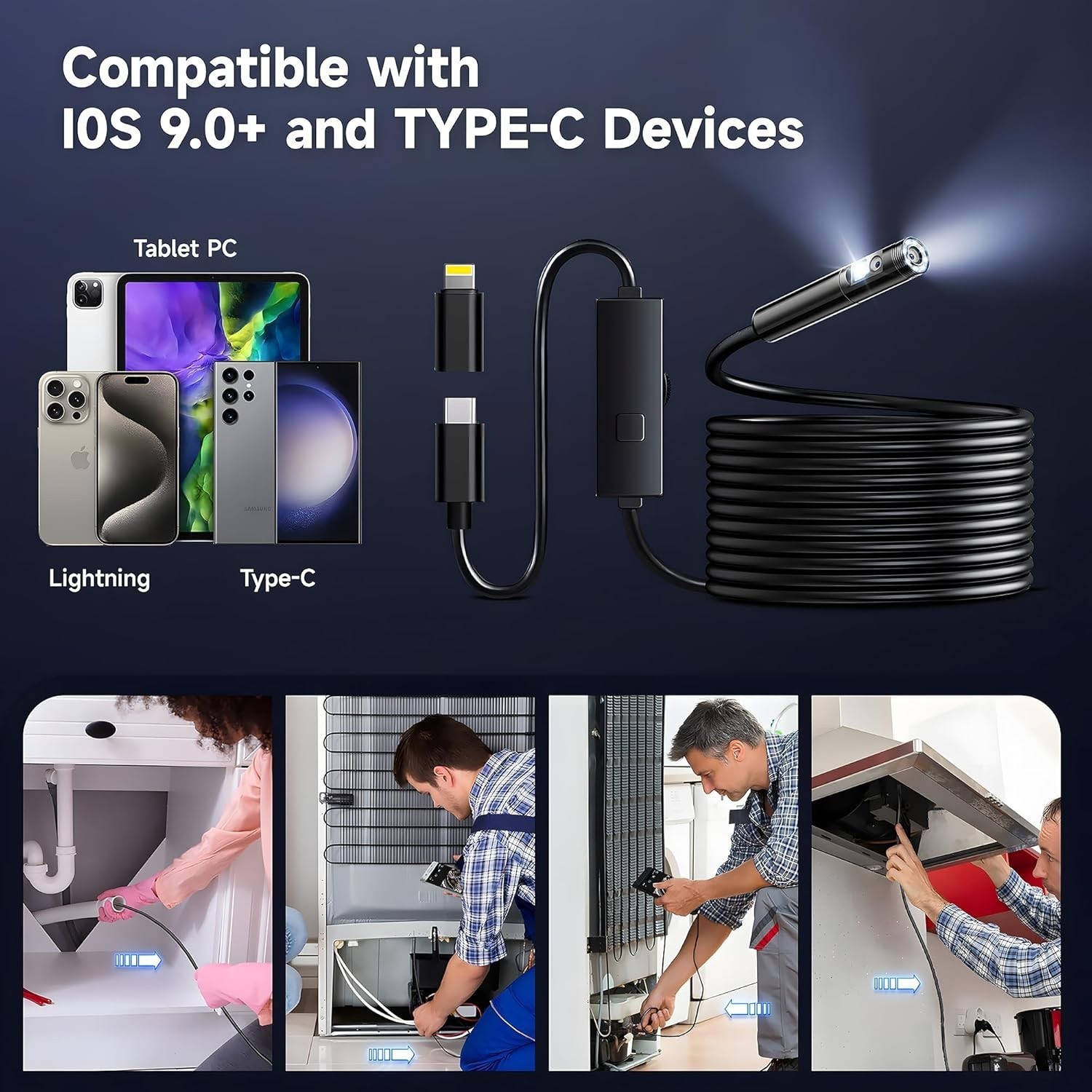 Endoscope Inspection Camera LED Light Flexible Snake Camera For iPhone Android