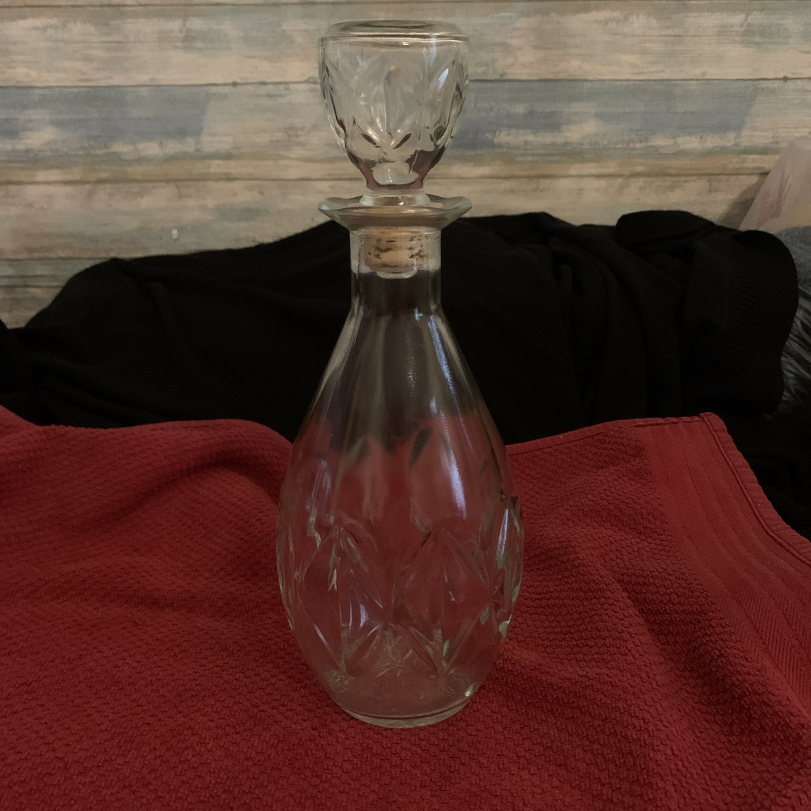 Clear With Green Tent Glass Decanter Bottle 11” Tall