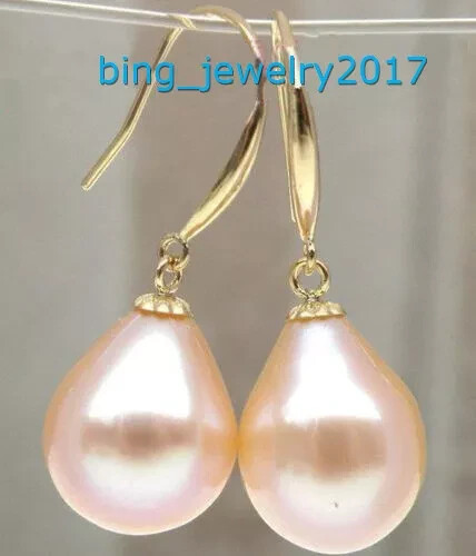 AAA 9-11mm natural south sea Pink Drop Pearl Dangle Earring 14k Yellow Gold