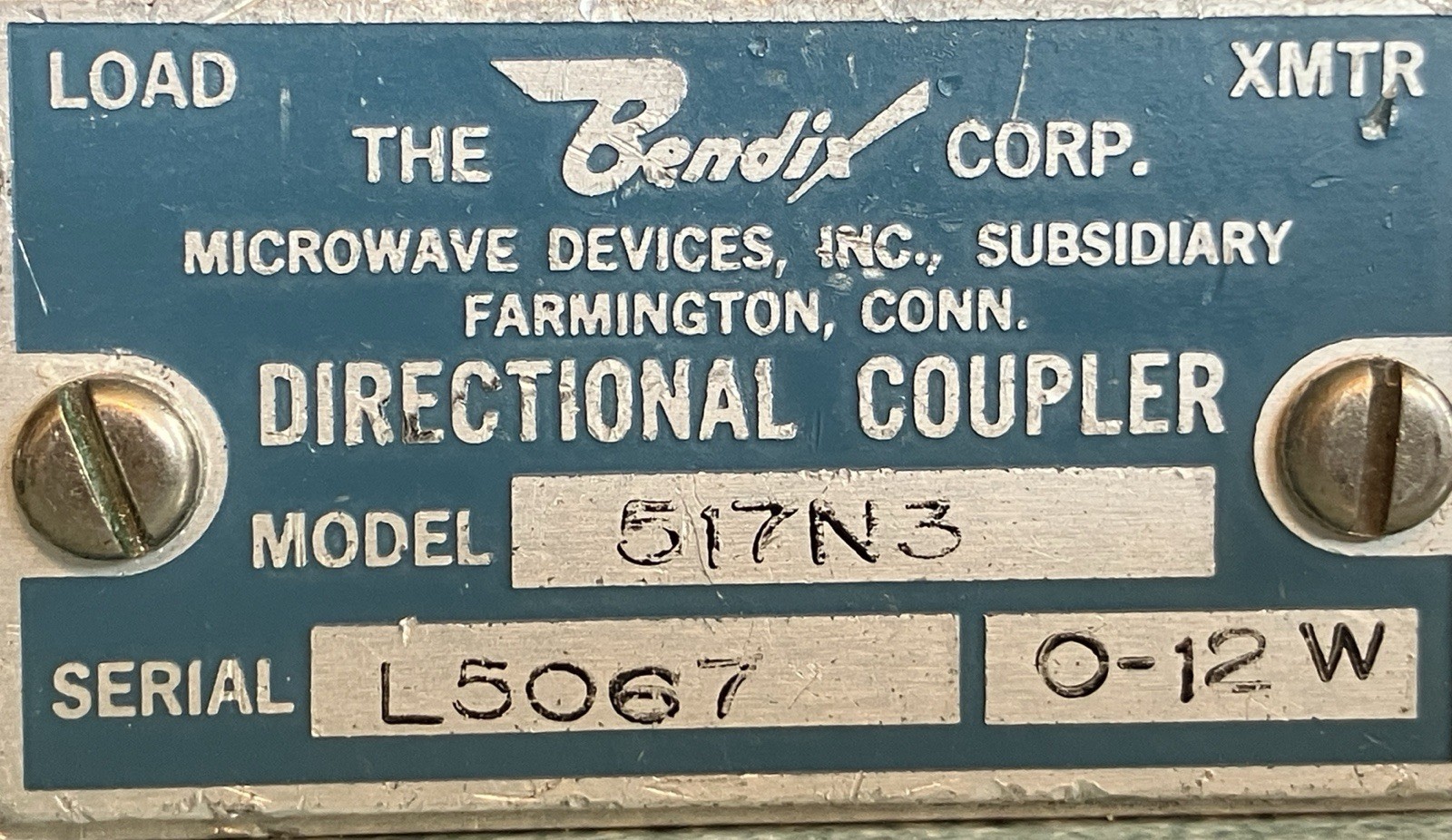 Bendix Microwave Devices- DIRECTIONAL COUPLER - Model 517N3 - 0-12 Watts