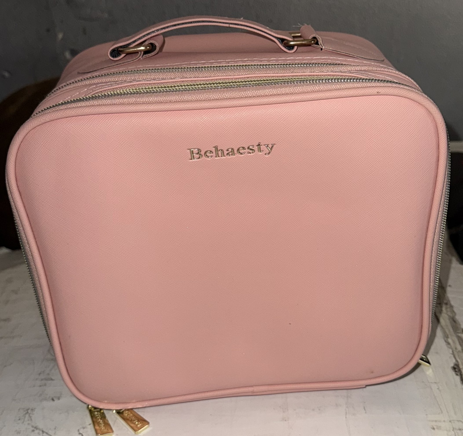 Behaesty Pink Train Case Soft Cosmetic Makeup Travel Toiletry Organizer Women