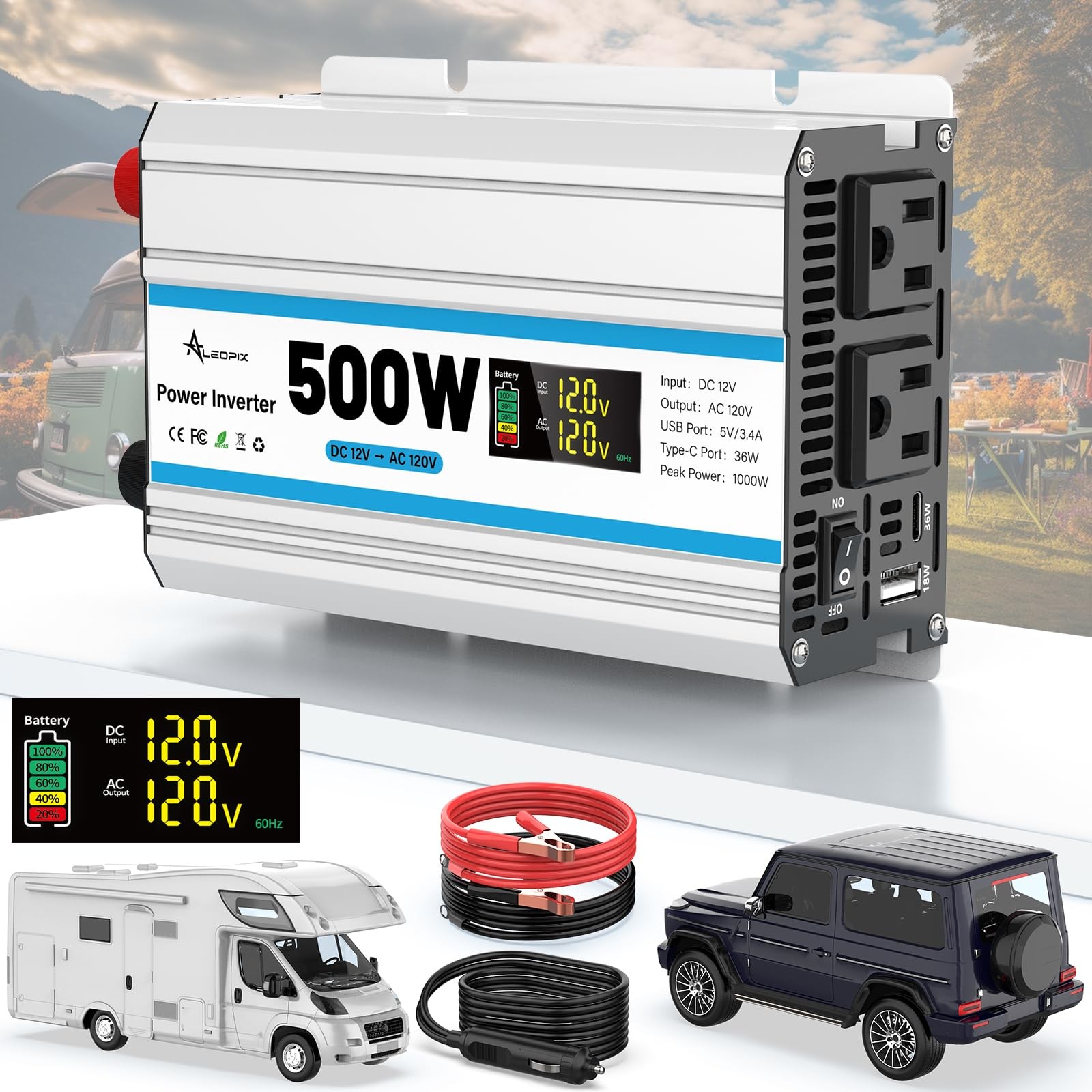 500W Car Power Inverter 12V DC to 110V AC, Car Charger Plug in Adapter Outlet...