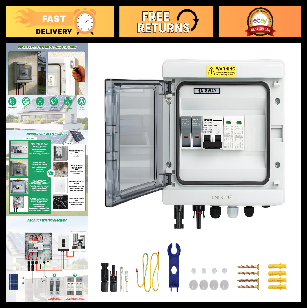 Solar Combiner Box 1 In 1 Out, 20A Fuse & Circuit Breaker, IP65 Disconnect Switc