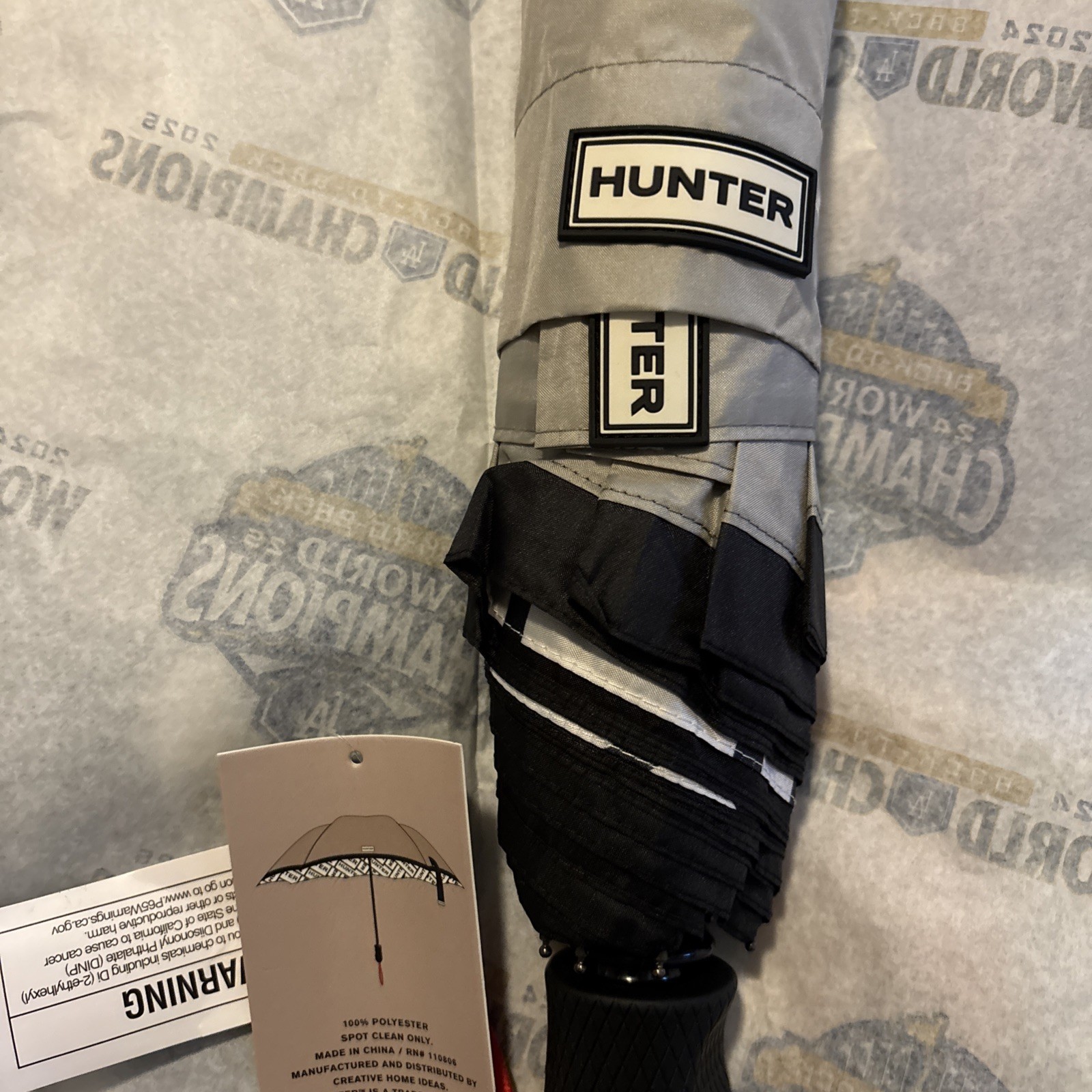 HUNTER UMBRELLA GRAY BLACK WHITE Logo Print 100% POLYESTER  NWT
