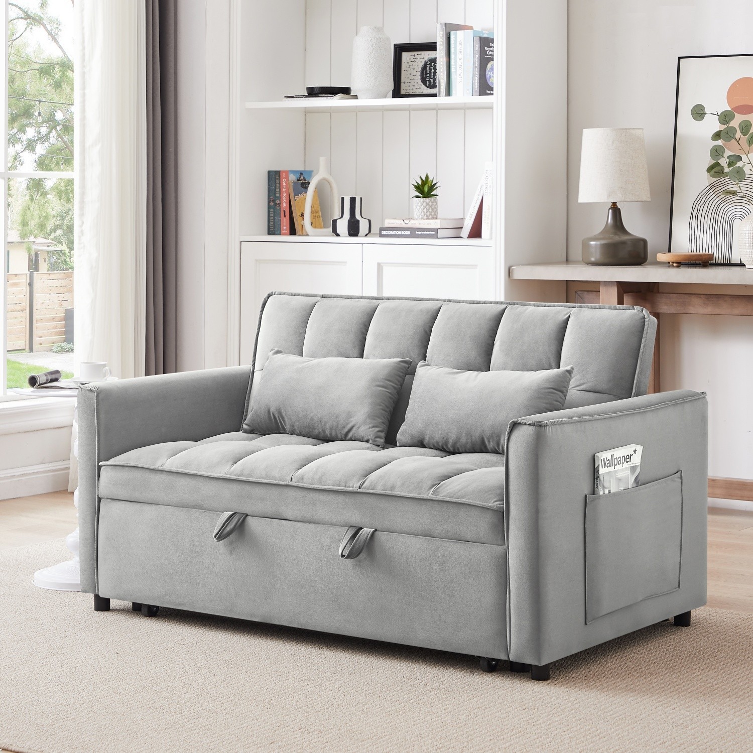 Modern Velvet Loveseat Sofa 3 in 1 Convertible Sleeper Sofa Bed with 2 Pillows