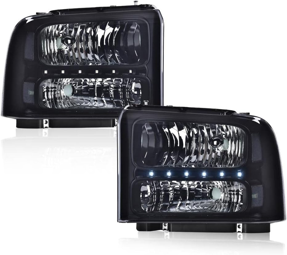 LED DRL Headlights Fit 05-07 Ford F250 F350 F450 F550 Super Duty Smoke Black
