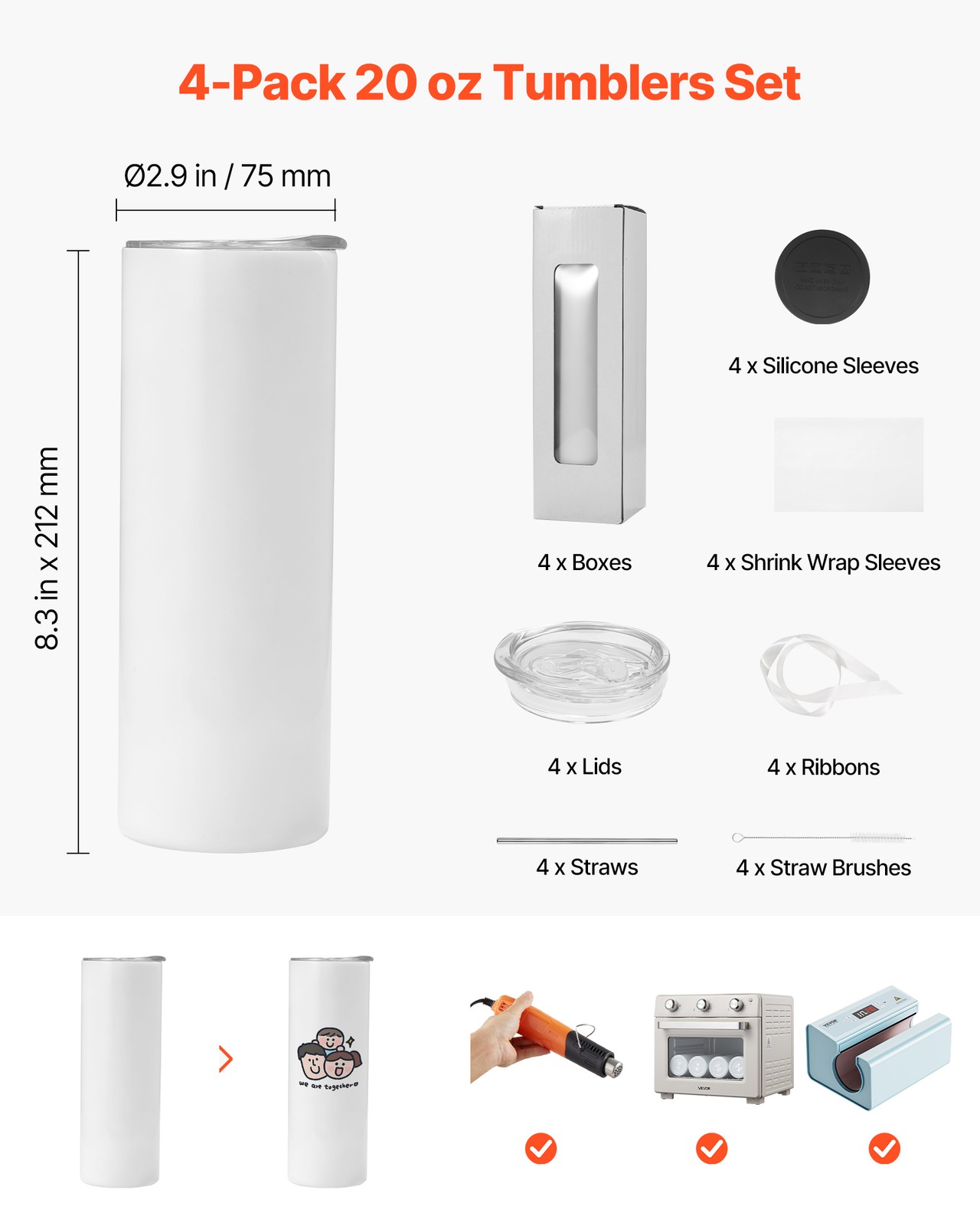 VEVOR Sublimation Tumblers Skinny Straight Tumblers Bulk 4 Pack 20 oz for DIY
