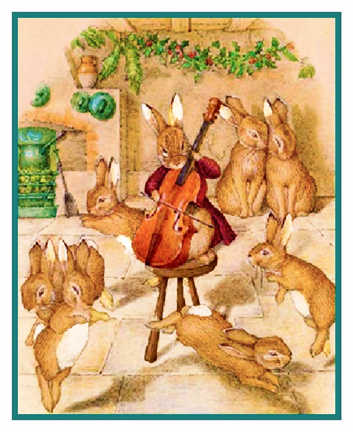 Bunnies Make Music Christmas Party Beatrix Potter Counted Cross Stitch Pattern