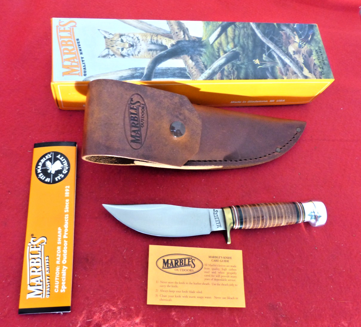 Marbles Gladstone USA mint in box Woodcraft leather/aluminum fixed blade knife