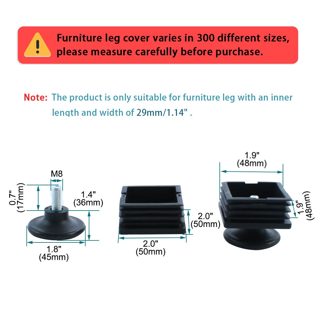 Adjustable Leveling Foot Square Insert 48mm x 48mm 4 Sets