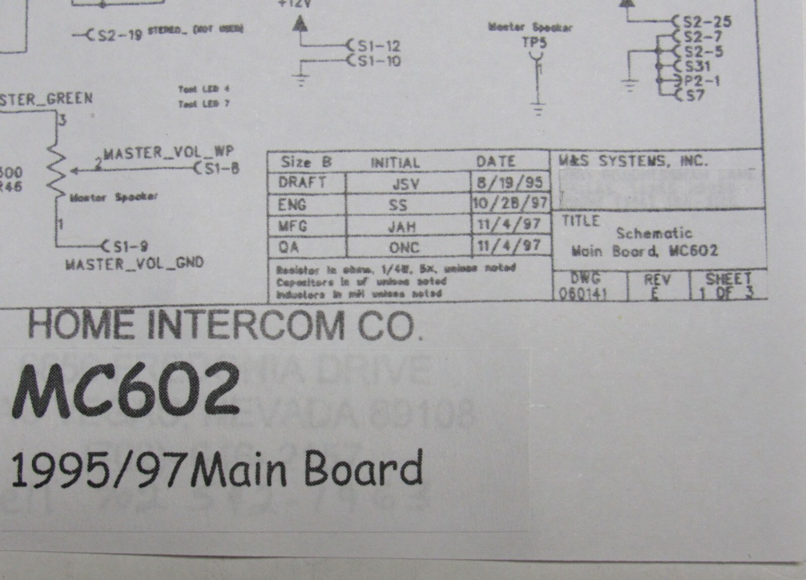 M&S MC602 Schematics Complete 1995-2002 Charts for Intercom
