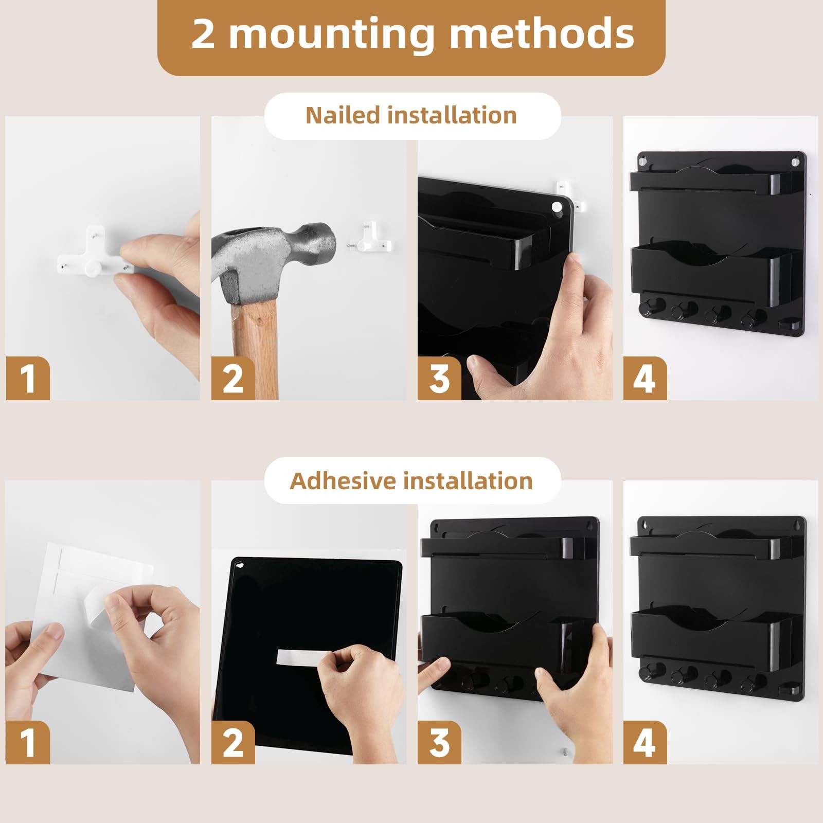 Bedside Wall Shelf with Glasses Hooks ，Adhesive Bedside Organizer Wall Mount ...