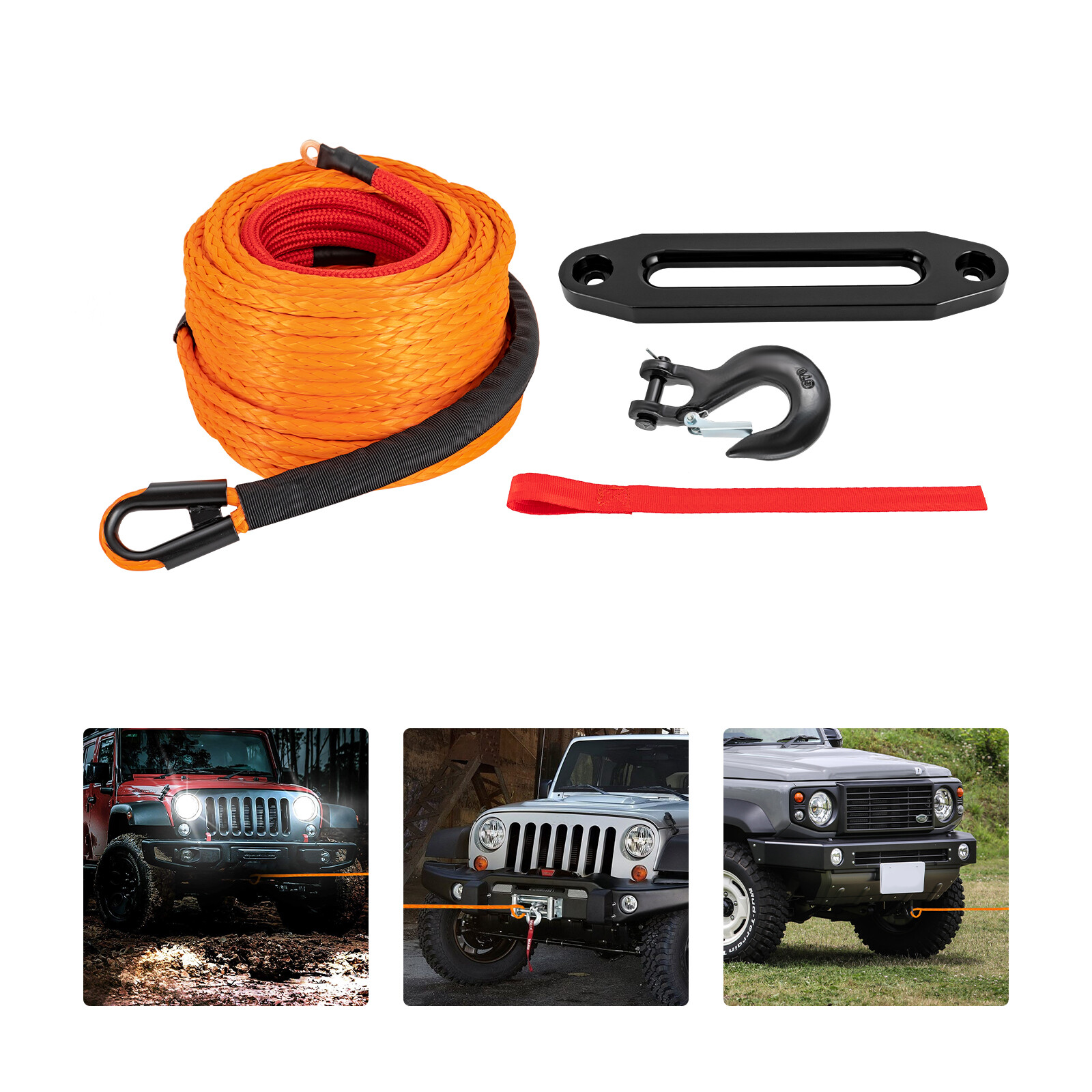 3/8" 100 FT Synthetic Winch Rope Winch Line Cable Rope with Winch Hook Fairleads
