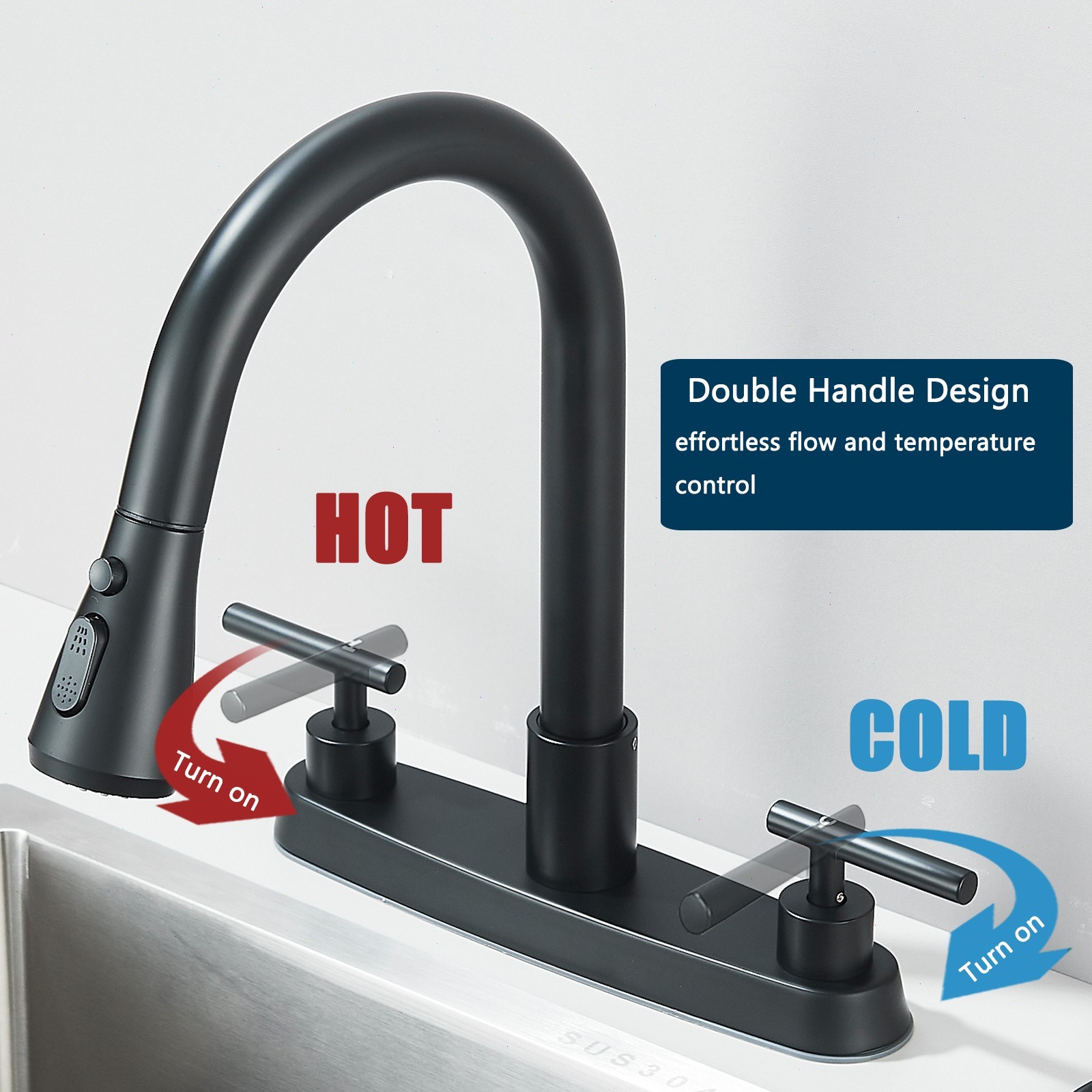 3 Hole Kitchen Faucet Pull Down Sprayer 8"Centerset 2 Handle with Soap dispenser
