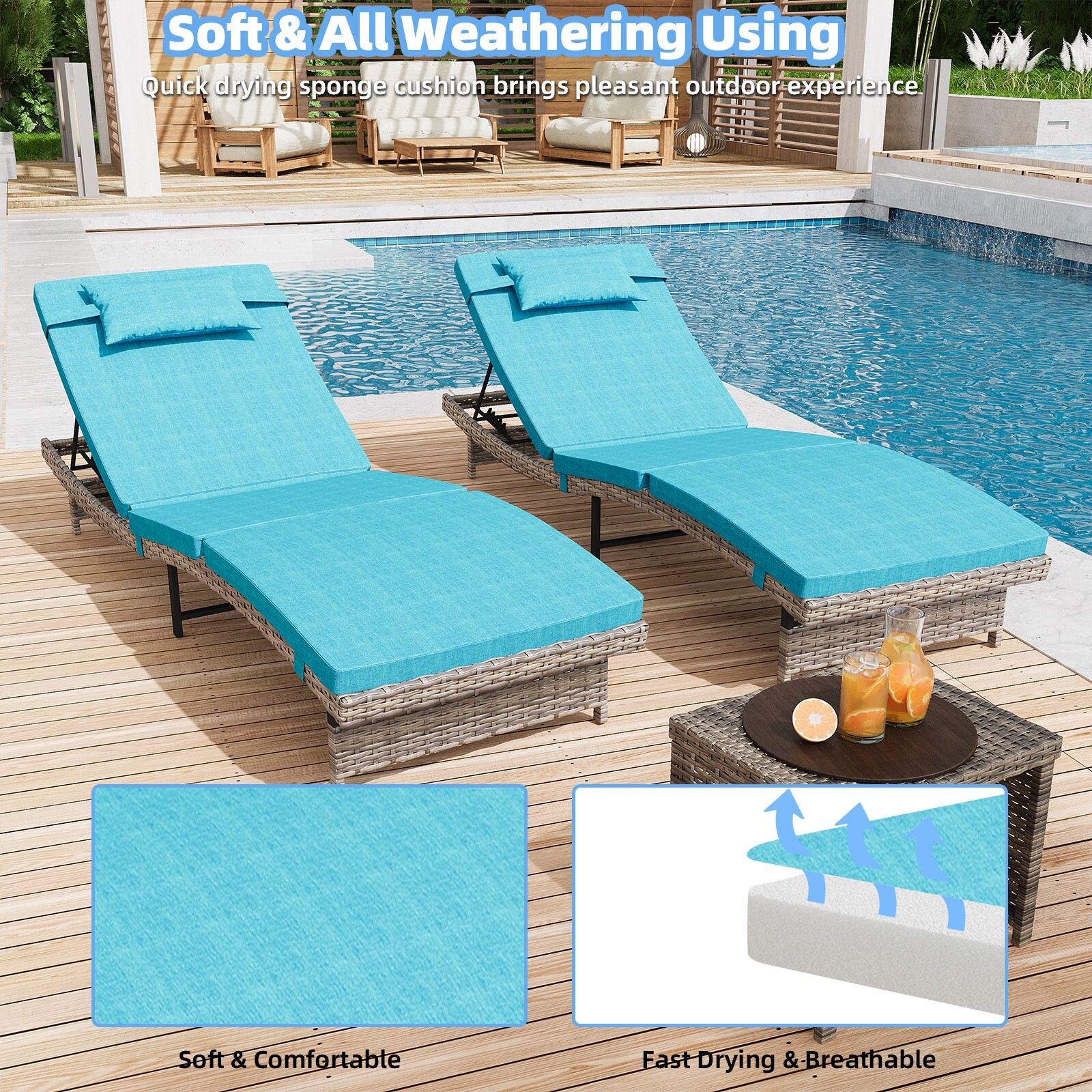 Long Reclining Chair Lounge Set of 3, Adjustable Backrest & Side Table, Blue