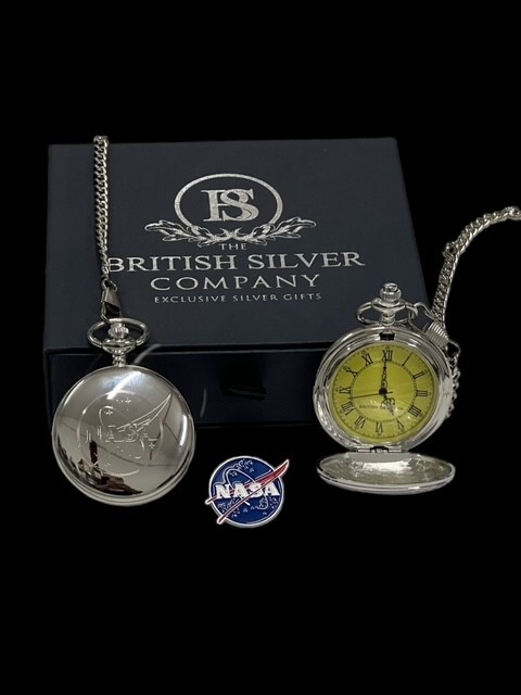 NASA Pocket Watch and Lapel Pin Space Mission Agency Shuttle Apollo Gift Set