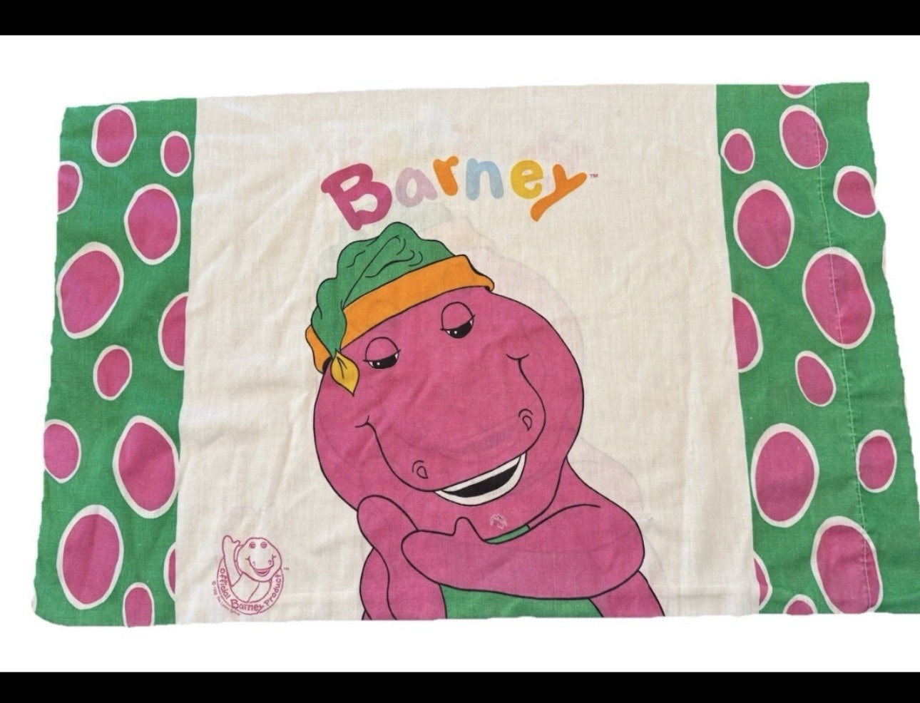 Vnt 1992 LyonsGroup Barney Purple Dinosaur Standard Pillow Case 18.5" x 30" Hole