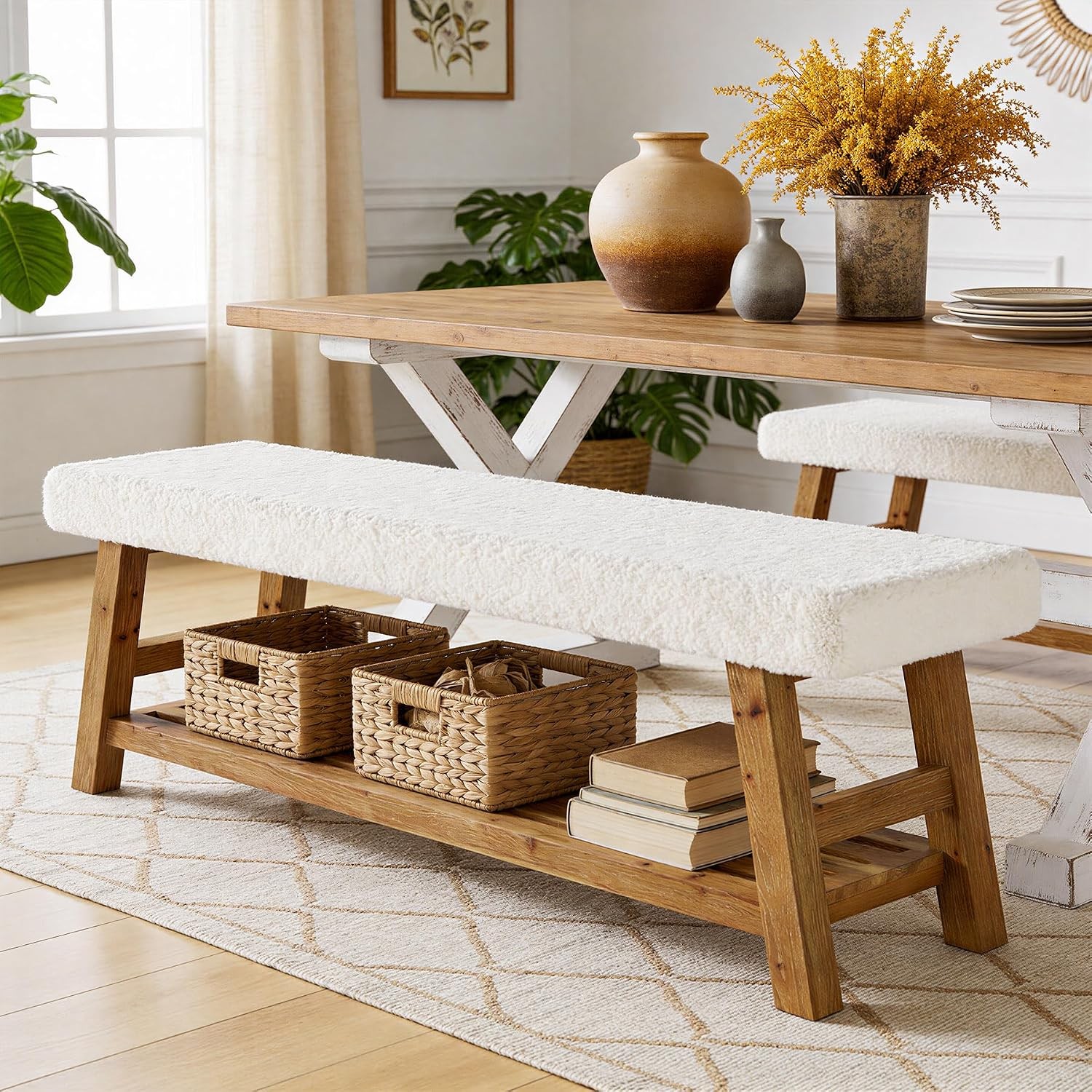 55" Upholstered Bench Modern Solid Wood Shoe Bench with Cushion for Entryway