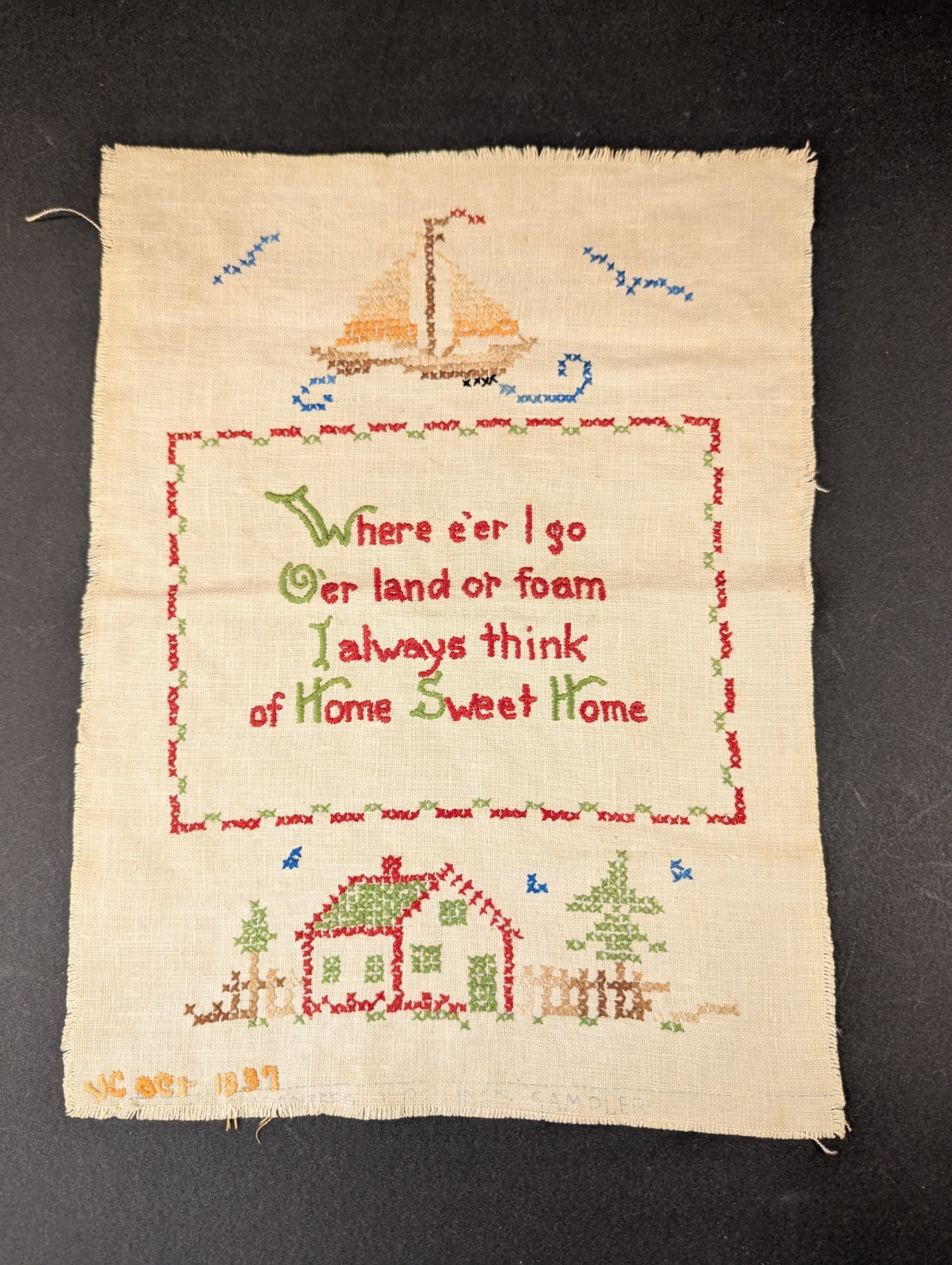 Home Sweet Home Poem 1937 Cross Stitch Linen Sampler 1930's Sailboat Ship Vtg