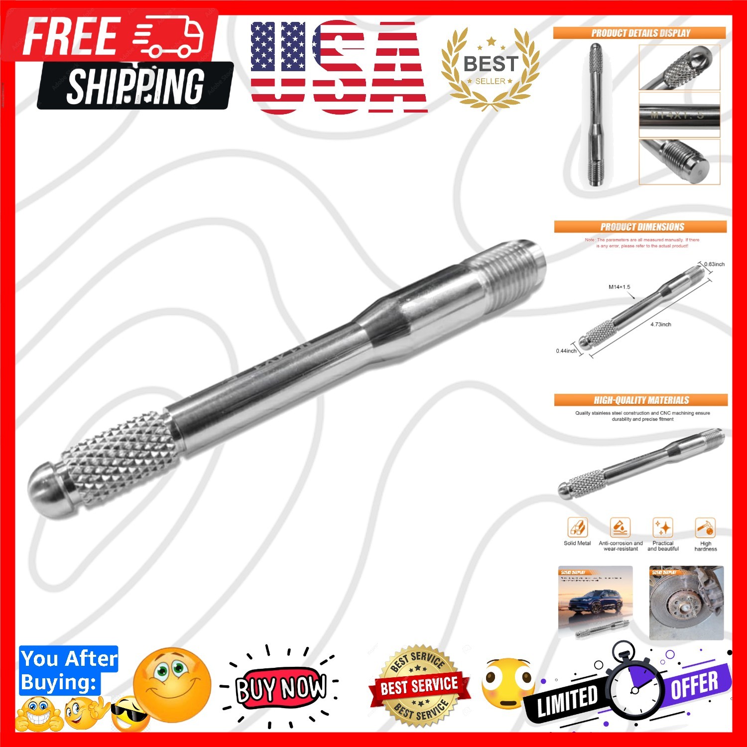 M14x1.5 Car Wheel Alignment Pin, Car Wheel Changing Alignment Tool, Wheel Bol...