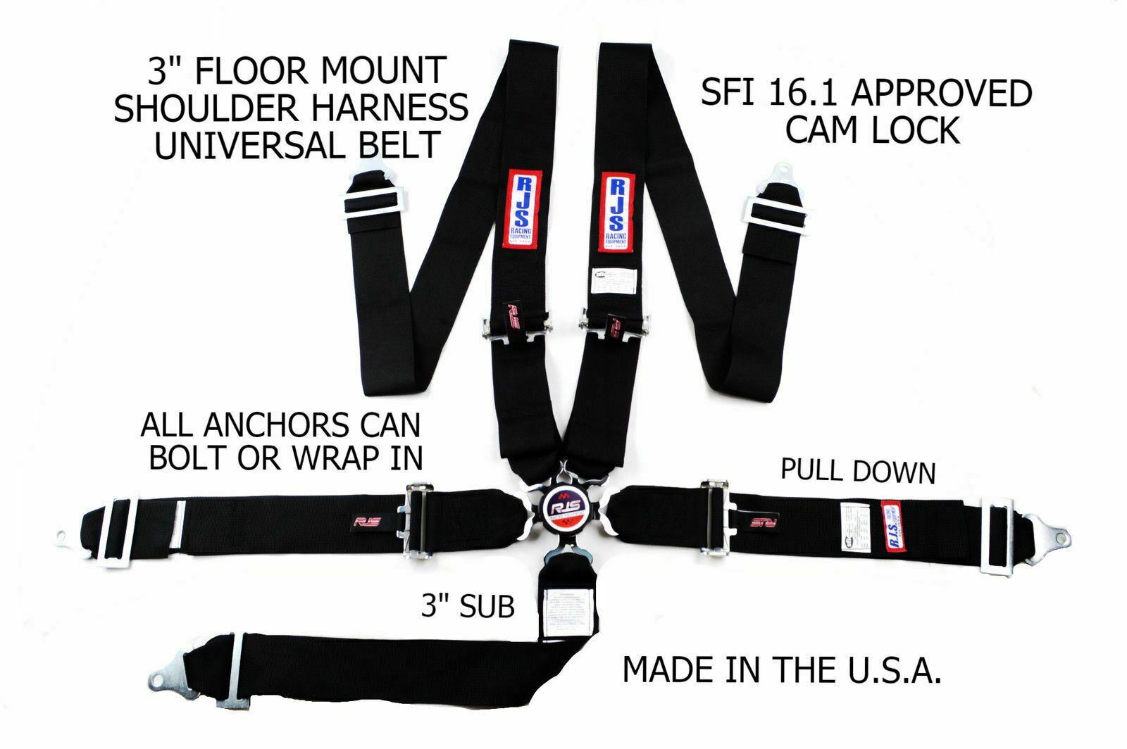 RJS SFI 16.1 5 PT CAM LOCK UNIVERSAL FLOOR MOUNT BOLT & WRAP BELT BLACK 1035201