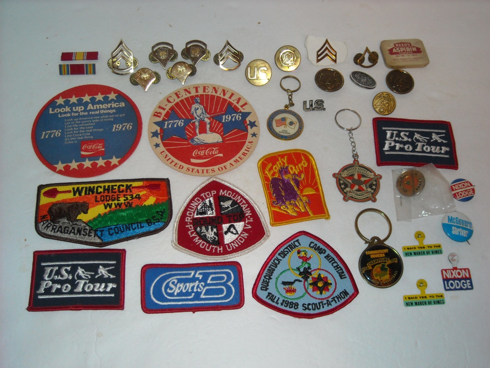 Junk Drawer Lot- Mixed Military,Patches,Political,Keychains,Coca-Cola,Vintage ++