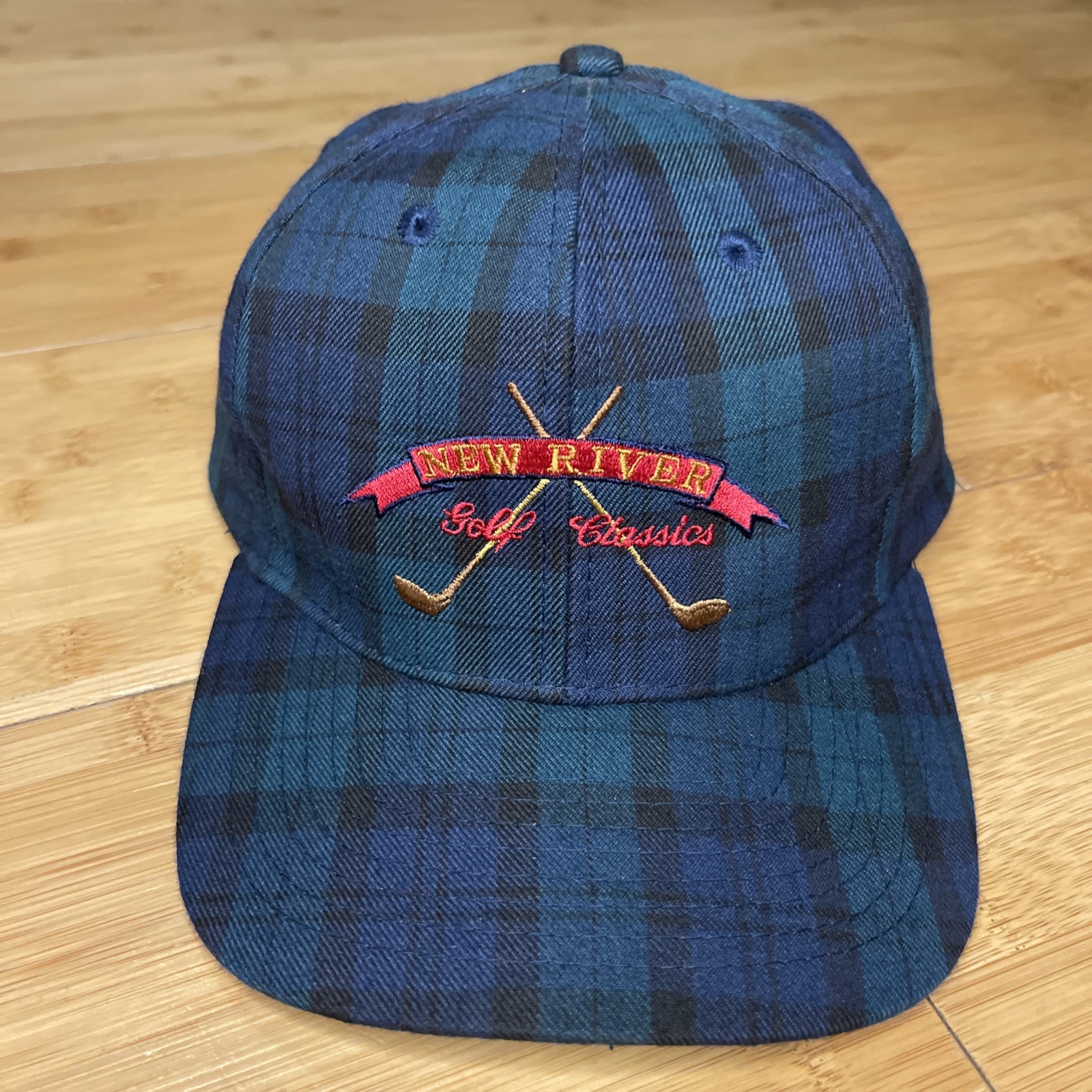 Vintage New River Golf Classics Plaid Green Navy 90s Club Retro Strapback Hat VG