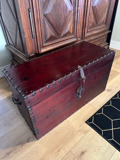 Trunk, mahogany stained, wooden oak chest with gothic hardware, home or office.
