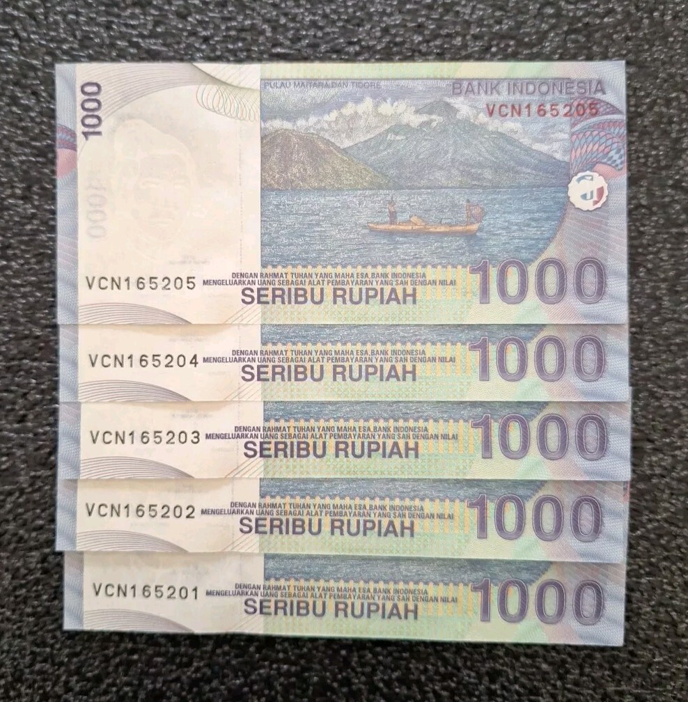 X5 -Indonesia 2012 Bank note 1000 Seribu Rupiah Gem Unc. Consecutive Serial #s.