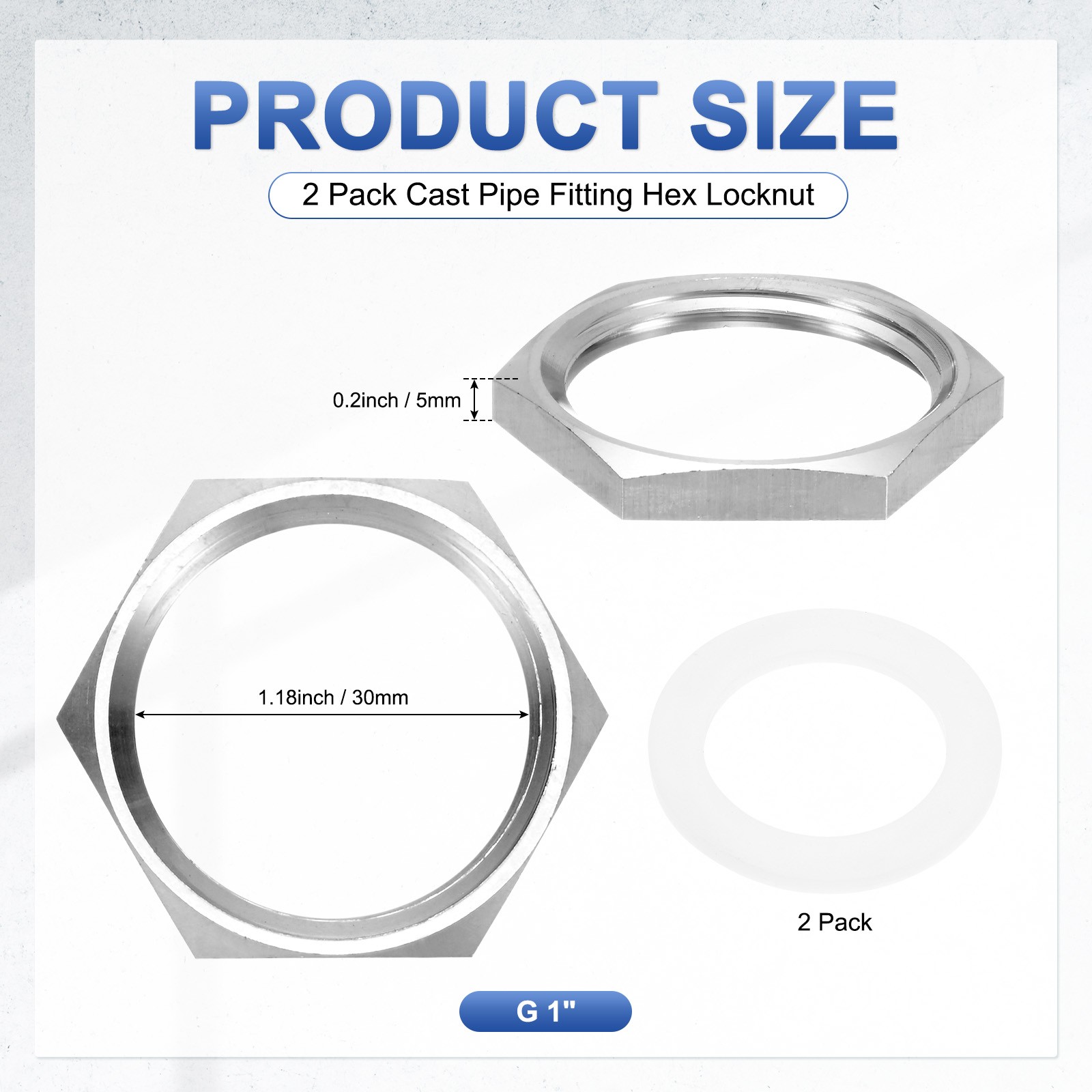2 Pcs 304 Stainless Steel G 1" Thin Pipe Fitting Hex Locknuts with Washer