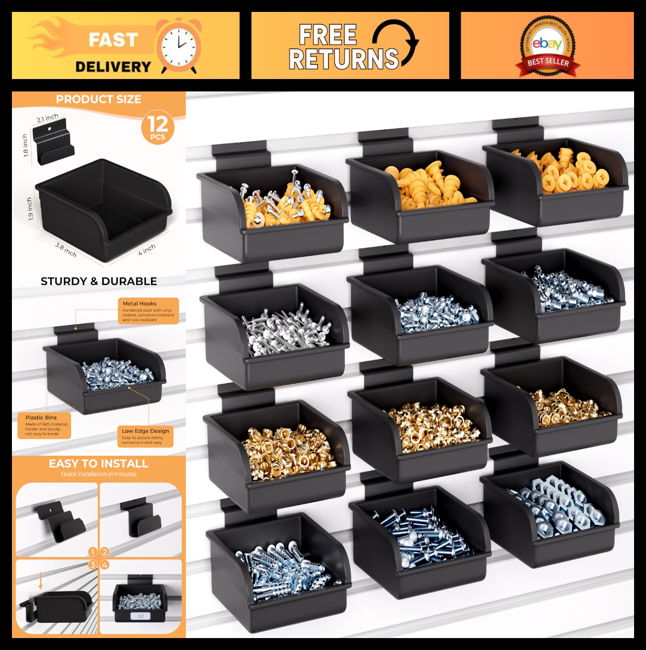 12 Pack Slatwall Bins with Hooks - Plastic Organizing Containers for Garage, Cra