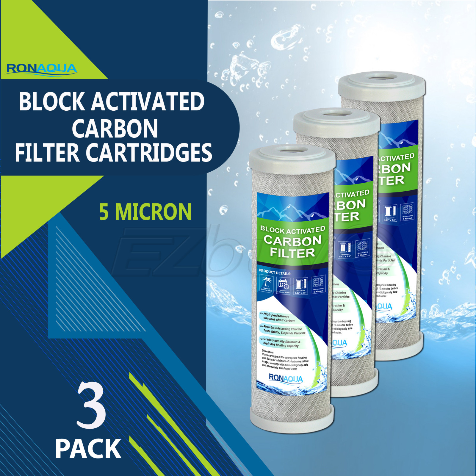 3PK- 9.875" x 2.5" Coconut Shell Carbon Block Water Filter for Whole house & RO