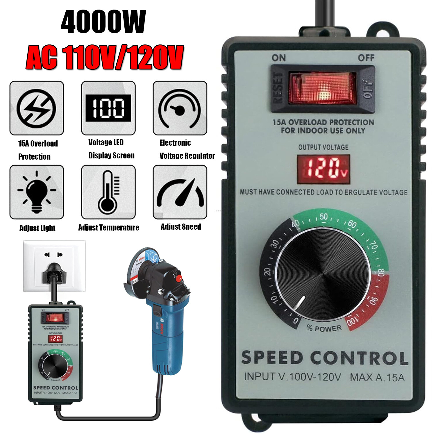 For Router Fan Variable Speed Controller Electric Motor Rheostat AC 120V 15A USA