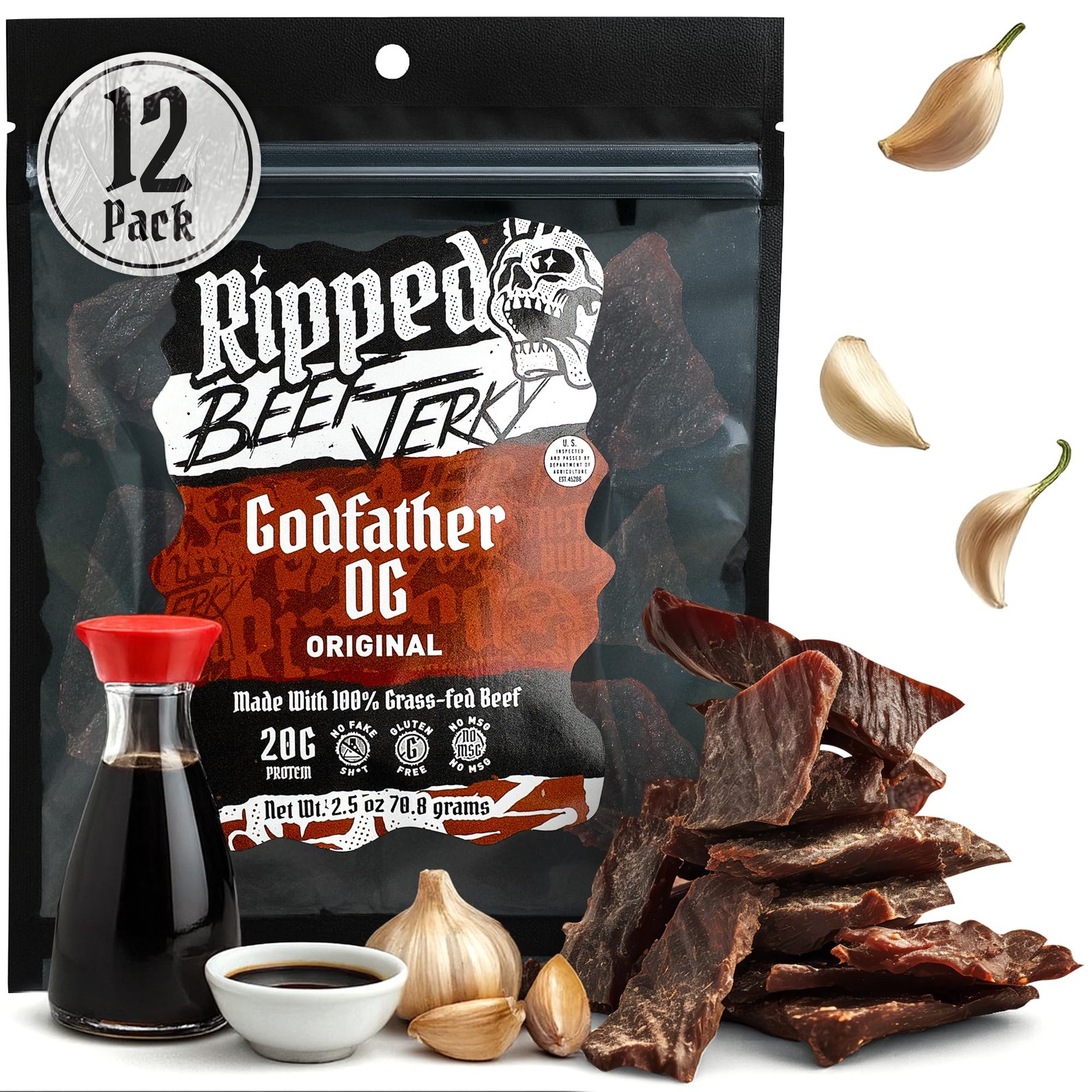 Ripped Beef Jerky - 100 Grass Fed Beef, 20g Protein, Real Ingredients, Gluten...