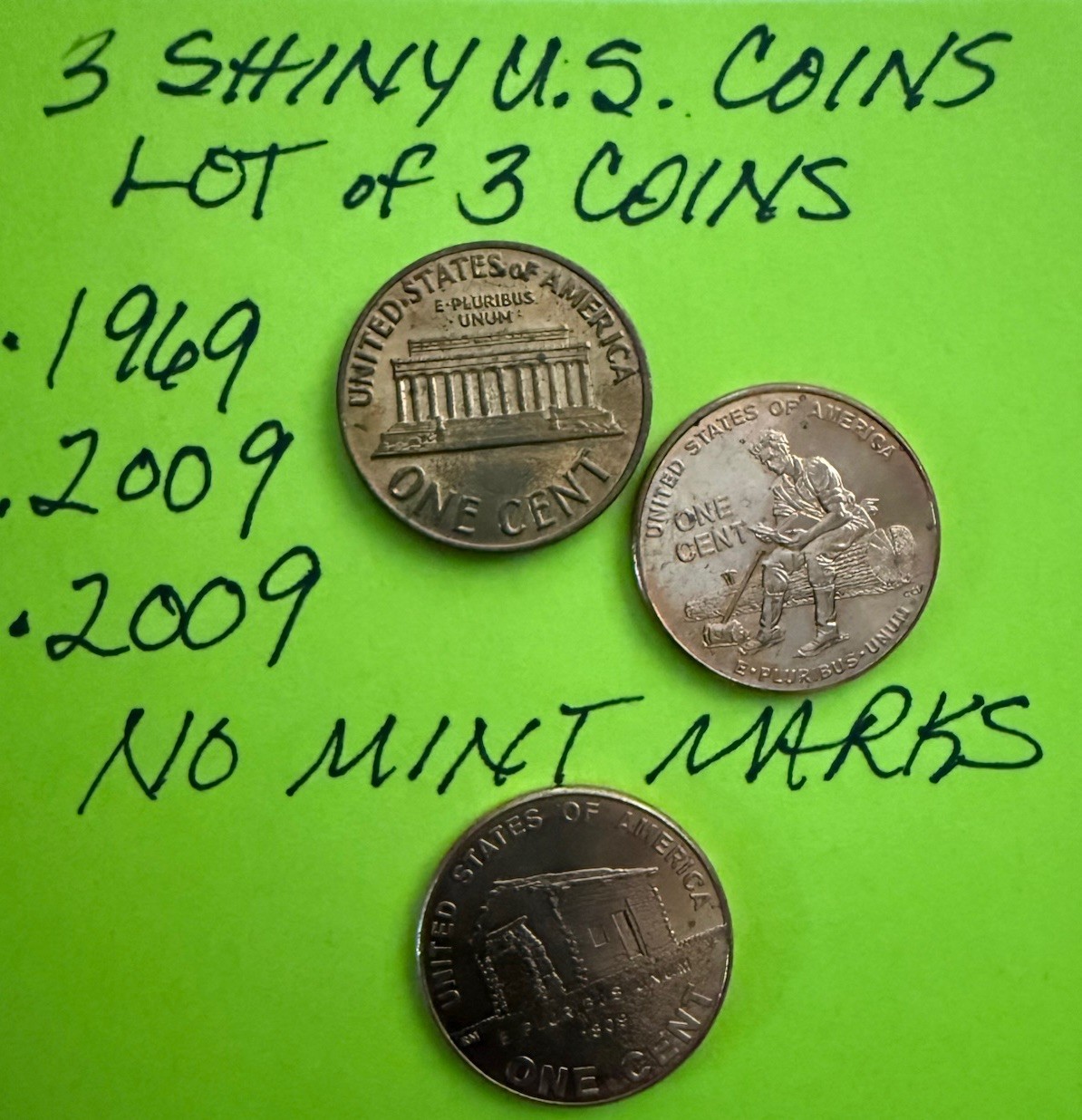2009, 2009, and 1969 Lincoln Cents Nice and Shiny.  Lot of 3 Coins. Fast Ship.