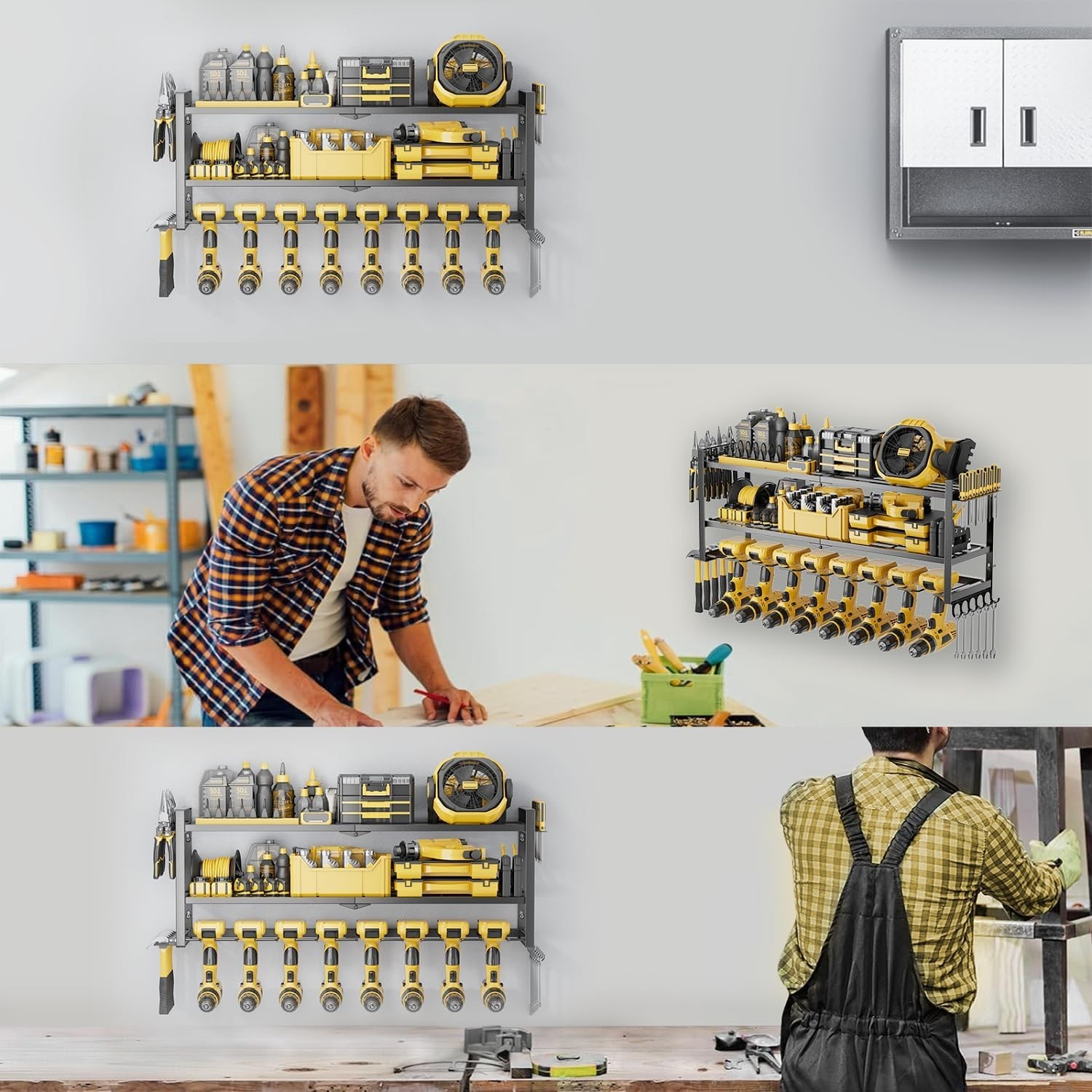 Power Tool Organizer - 3 Layer 8 Drill Holder Wall Mount, Storage Rack for Garag