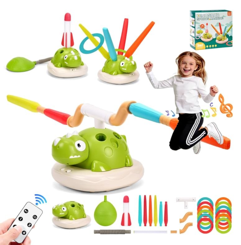 3 in 1 Dinosaur Rocket Launcher, Musical Jump and Toss, Activity Spinning Din...