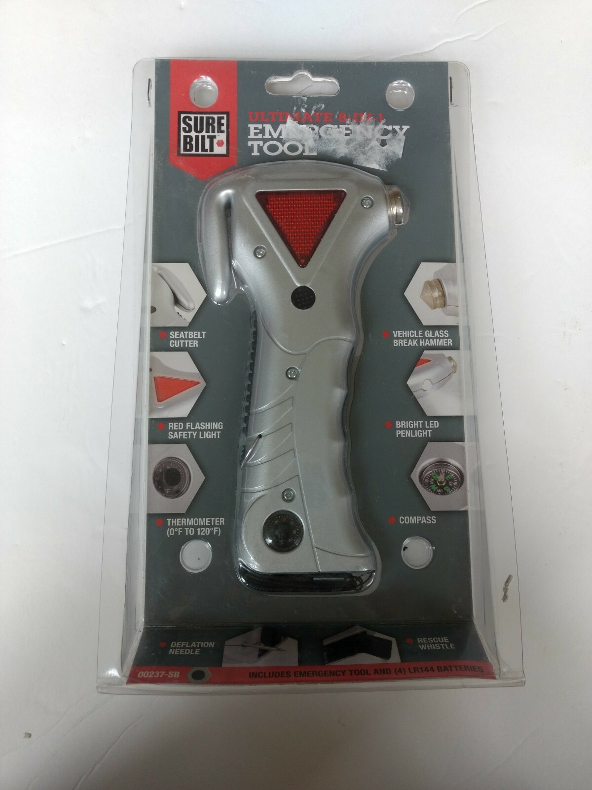 Sure Bilt ultimate 8 in 1 emergency auto tool glass hammer light compass safety