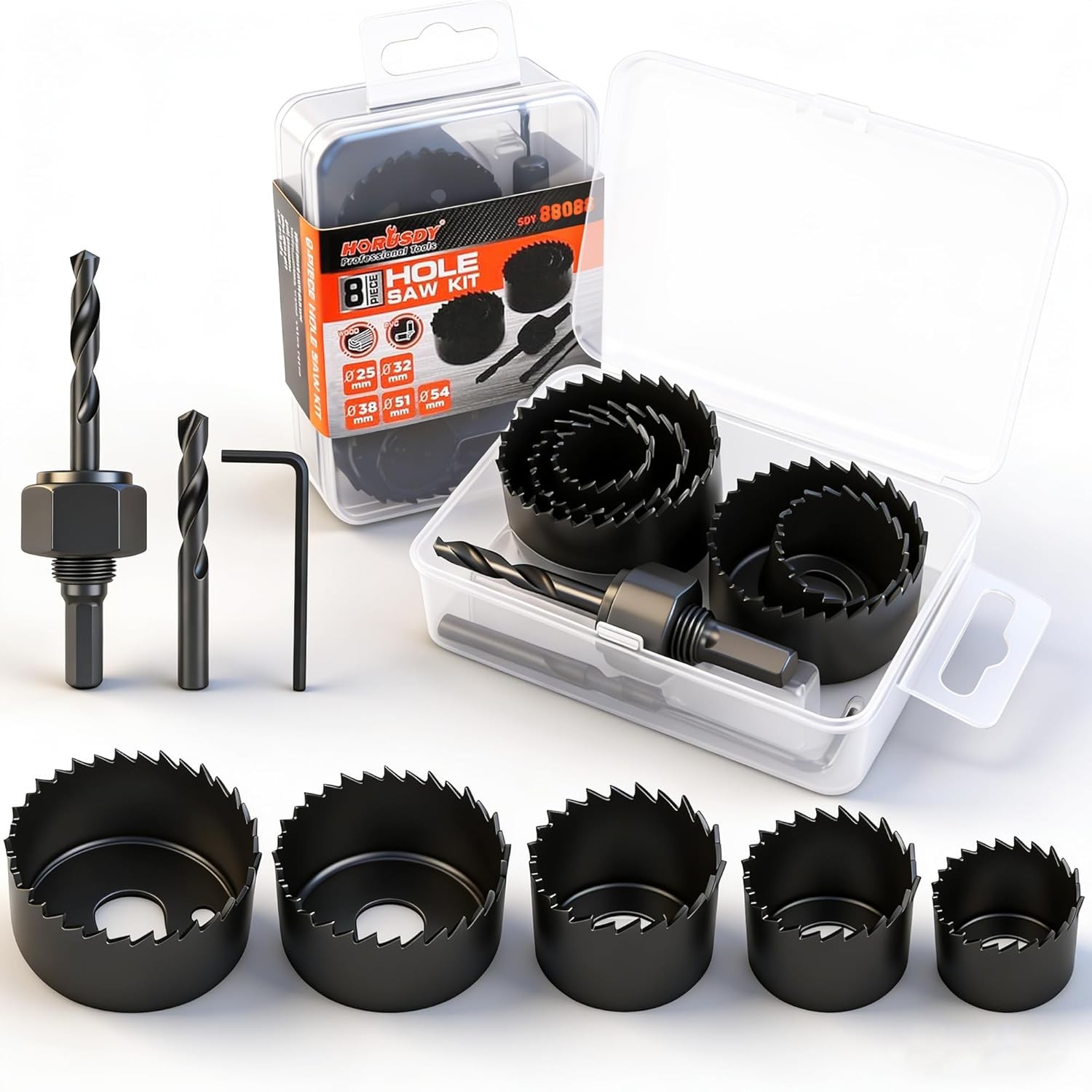 HORUSDY 8PCS Hole Saw Kit, 1"–2-1/8" (25–54mm), with 2 Pcs Drill Bits, Mandrel &