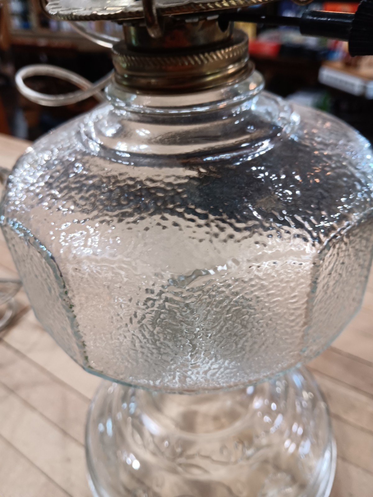 Electrified Glass Oil Lamp Table Lamp, Clear Pressed Scroll Base